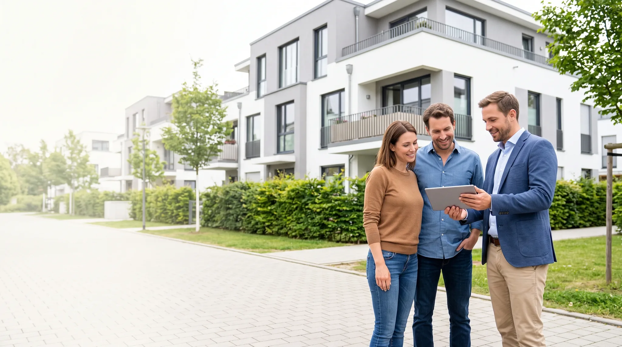 Eigentümerpaar und Immobilienmakler besprechen einen Verkaufsfall vor modernen Wohngebäuden